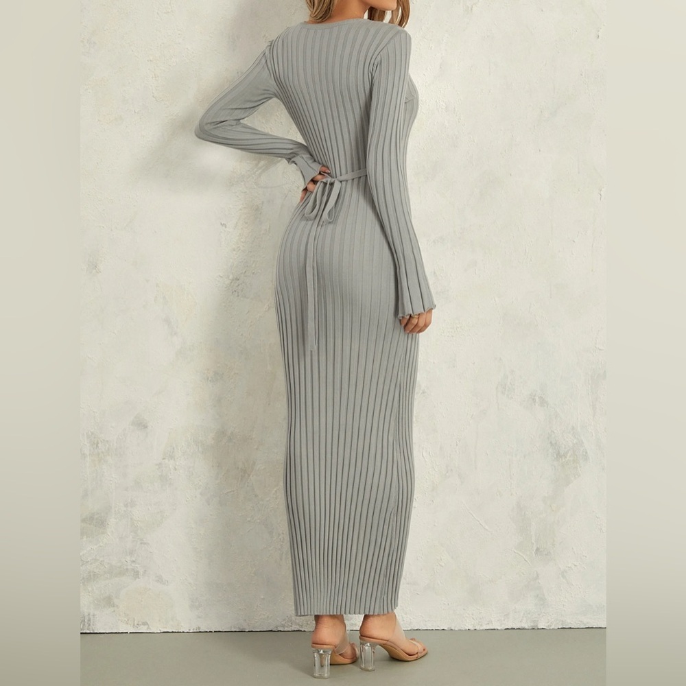 Gray Long Sleeve Ribbed Knit Belted Bodycon Dress Size S - Picture 3 of 3